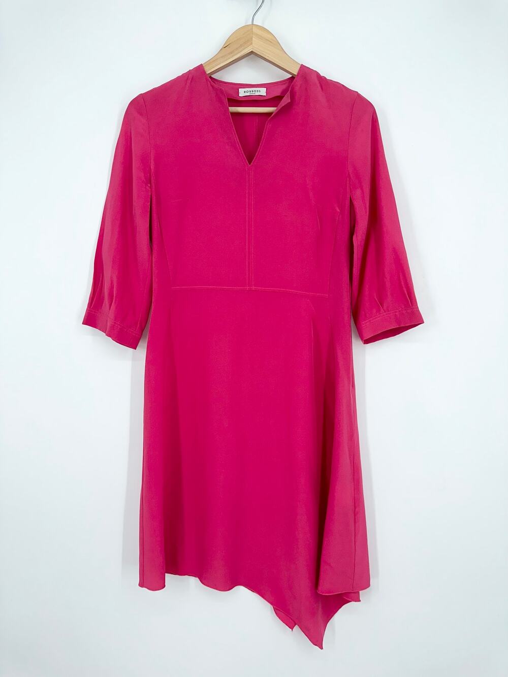 ROSSO35 100% Silk Dress V-Neck 3/4 Sleeve Asymmetric Hem, Bright Pink